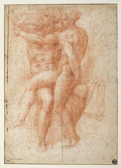 座っている男性のヌードの膝に座っているヌードの女性：アダムとイブ（紙に楽天） 作： Michelangelo Buonarroti